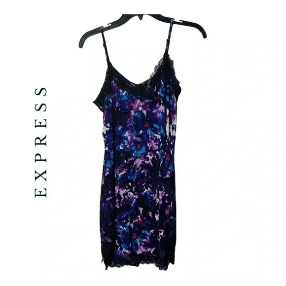 0395W. EXPRESS SPAGHETTI STRAP SLIP DRESS SIZE SMALL MULTICOLORED W/ BLACK LACE - Picture 1 of 9